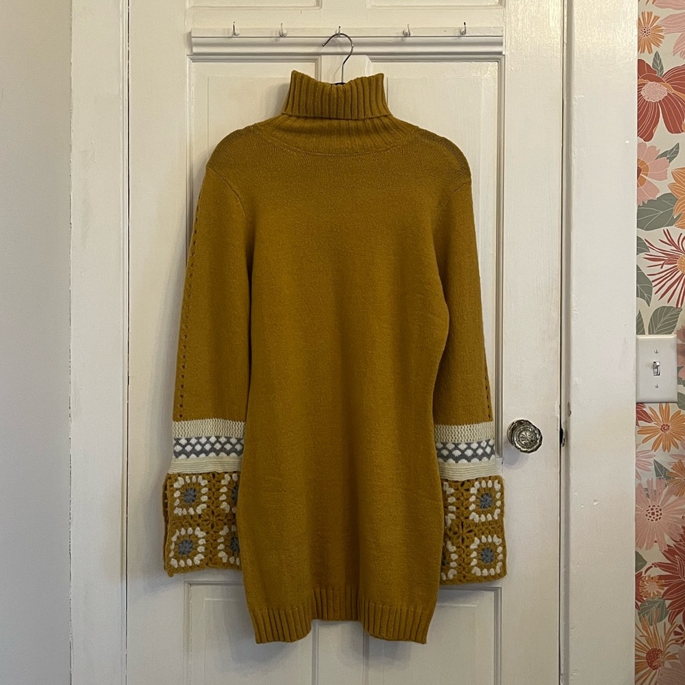 Lulus It's Groovy Mustard Yellow Multi Knit Turtleneck Sweater Dress
